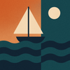 Cream sailboat with triangular sail above wavy navy lines on a split warm orange and deep teal background