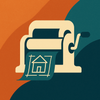 Cream mimeograph machine with side crank producing cream house blueprint on curvilinear split warm orange and deep teal background