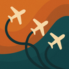Cream airplanes with curved navy trails on a curvilinear warm orange and deep teal split background