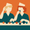 Two cream bakers in puffy hats at conveyor belt, one with orange hair eating chocolate, other with blonde hair lifting hat, on orange-to-teal background