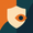 Cream shield with orange outlined eye and navy pupil on a split warm orange and deep teal background